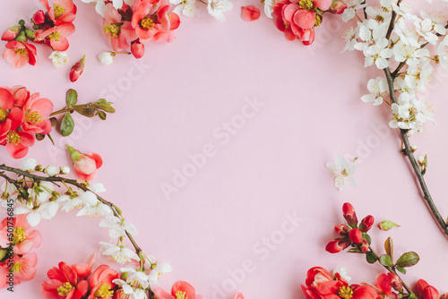 Happy Mothers day and Womens day. Stylish spring flowers composition on pink background flat lay. Red flowers and cherry blossom frame layout. Floral greeting card template with space for text © sonyachny
