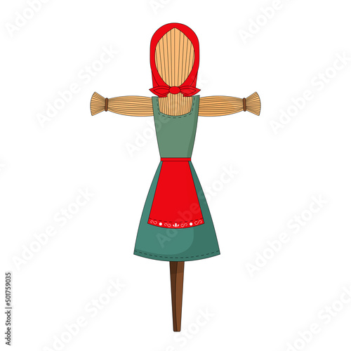 Russian straw effigy of a woman in traditional Slavic clothes. Spring holiday pancake week. Vector illustration of a Carnival doll