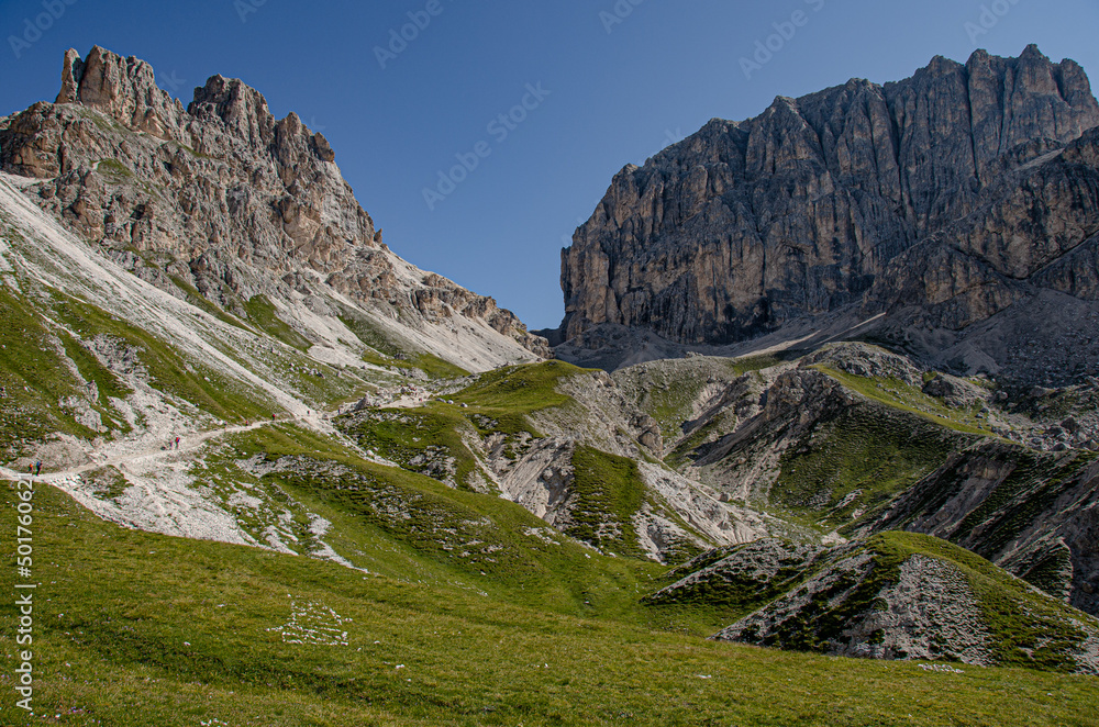 Catinaccio d'Antermoia mountain as seen from the trail to Passo Principe from Rifugio Vajolet, Catinaccio massif, Dolomites, Vigo di Fassa, Trentino, Alto-Adige, South Tyrol, Italy