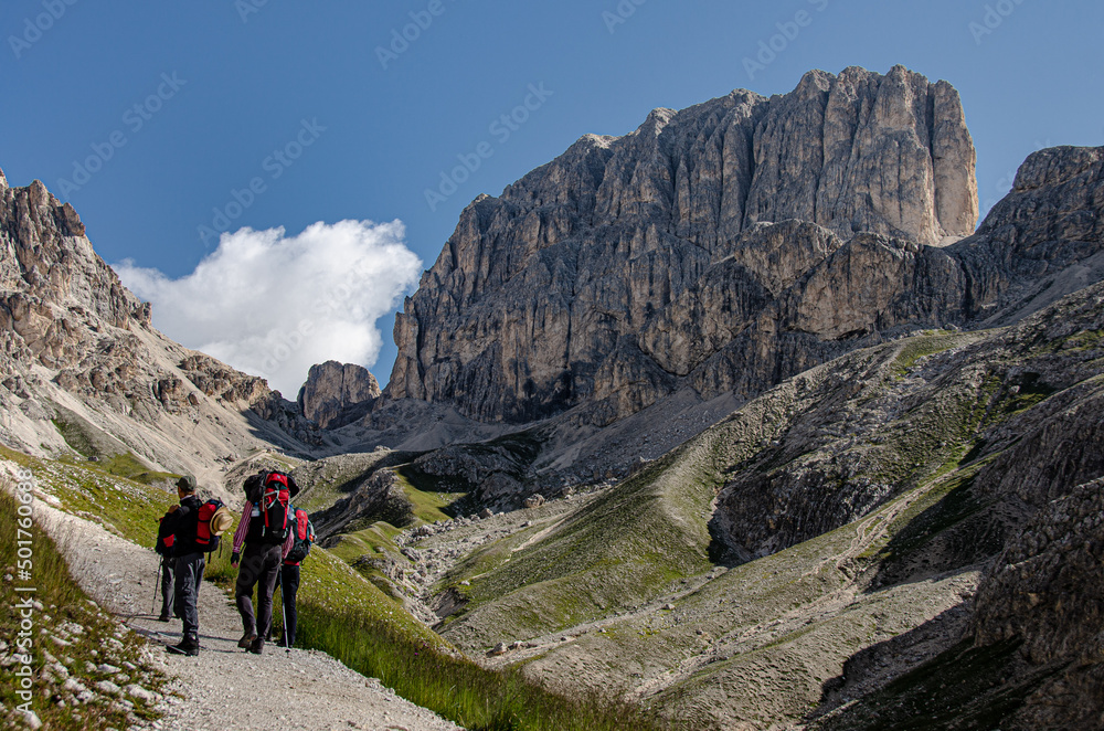 Catinaccio d'Antermoia mountain as seen from the trail to Passo Principe from Rifugio Vajolet, Catinaccio massif, Dolomites, Vigo di Fassa, Trentino, Alto-Adige, South Tyrol, Italy