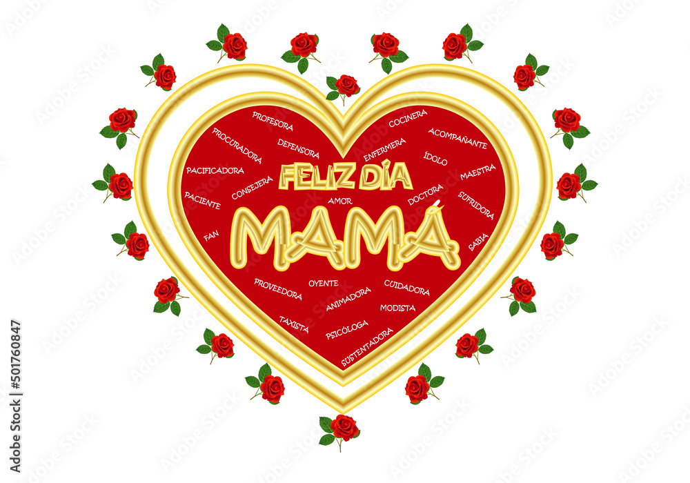 Feliz día de la madre, corazón y rosas rojas - obrazy, fototapety, plakaty 