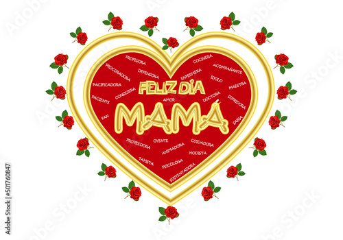 Feliz día de la madre, corazón y rosas rojas