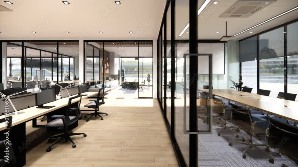 Interior Empty Modern Loft Office open space modern office footage.Modern open concept Lobby and reception area meeting room design.3d Rendering  interior walk through.
