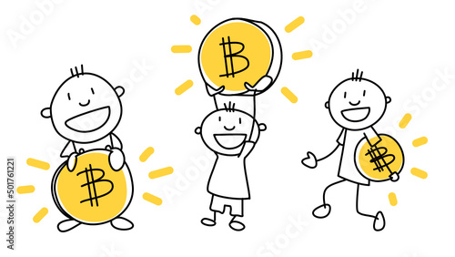 A set of characters with a bitcoin coin in their hands. Vector simple linear drawing of a cryptocurrency theme.