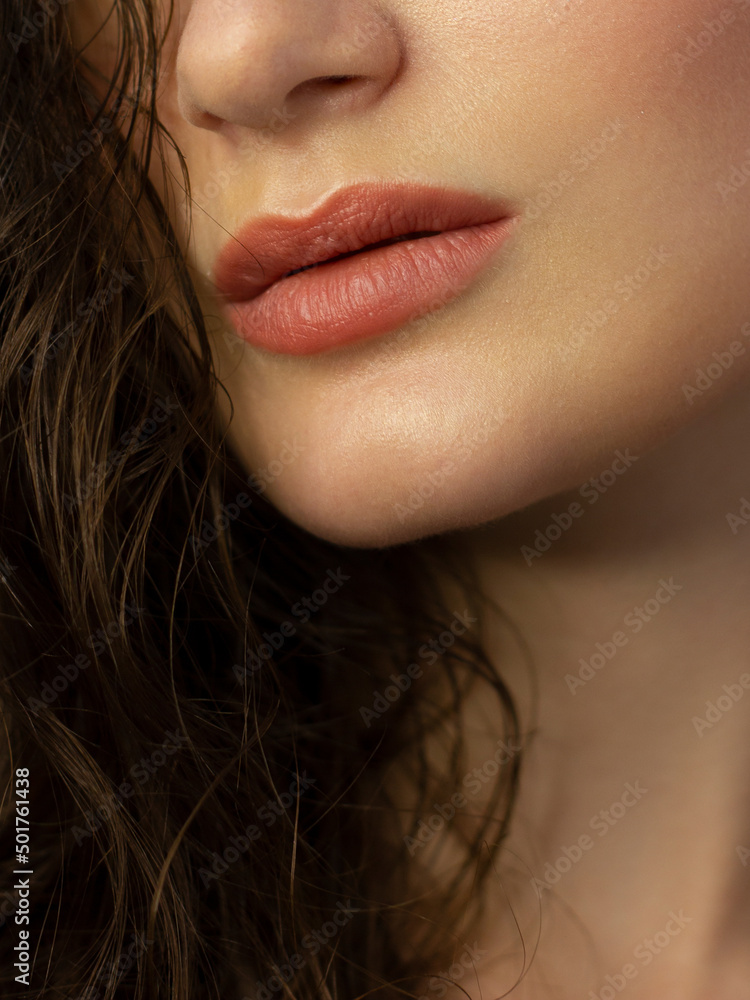 Perfect natural lip makeup. Close up macro photo with beautiful female mouth. Plump full lips. Close-up face detail. Perfect clean skin, light fresh lip make-up. Beautiful spa tender lip Perfect natural lip makeup. Close up macro photo with beautiful female mouth. Plump full lips. Close-up face detail. Perfect clean skin, light fresh lip make-up. Beautiful spa tender lip