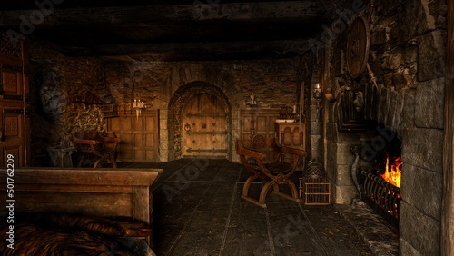 Medieval bedroom with stone walls, candlelight and a burning open fire. 3D rendering.