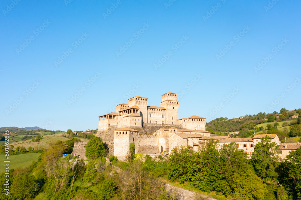medieval castle view in the town of torrechiara medieval castle view in the town of torrechiara