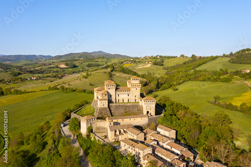 medieval castle view in the town of torrechiara photo