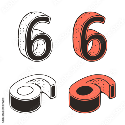 Isometric number 6 doodle vector illustration on white background. Stylized number zero clip art.