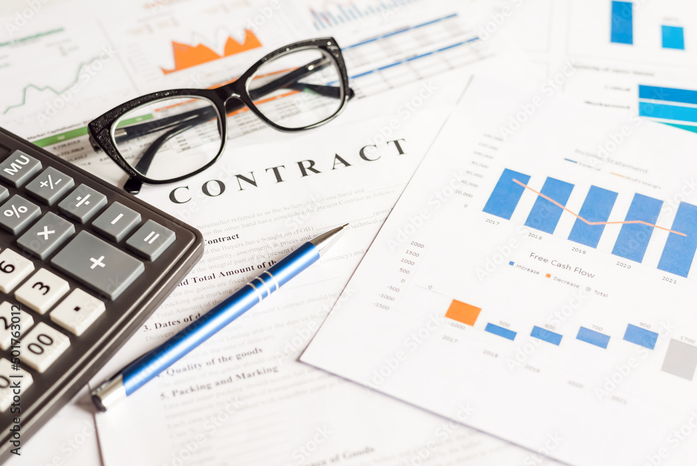 Contract and financial documents on white background. Contract and financial documents on white background.