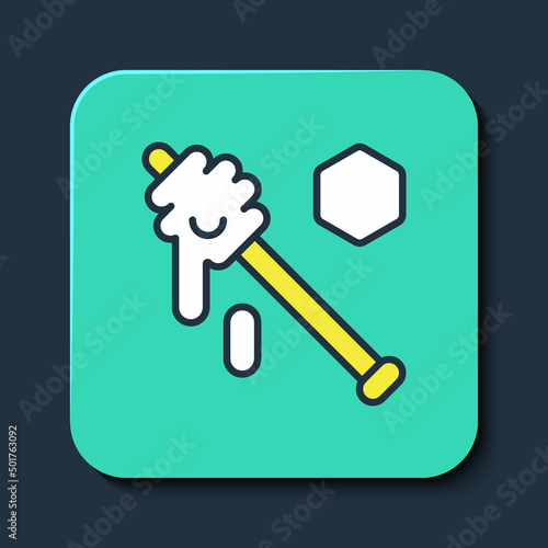 Filled outline Honey dipper stick icon isolated on blue background. Honey ladle. Turquoise square button. Vector