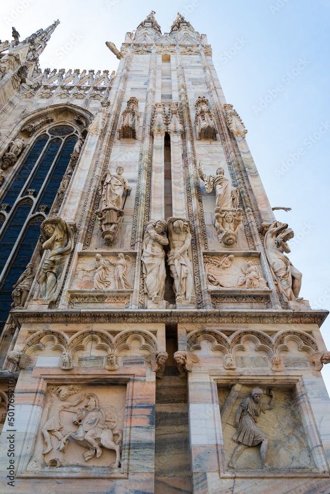 Lateral corner of the famous Milan cathedral, Italy, named 