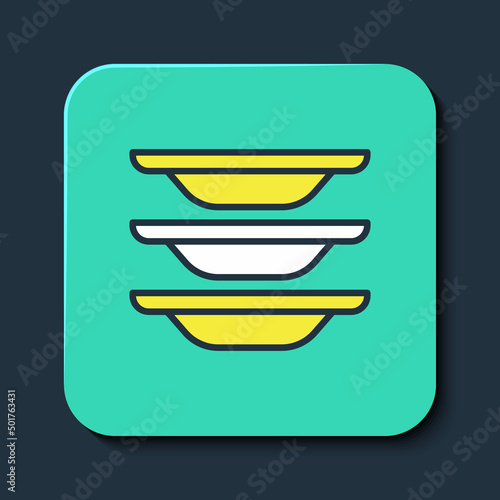 Filled outline Washing dishes icon isolated on blue background. Cleaning dishes icon. Dishwasher sign. Clean tableware sign. Turquoise square button. Vector