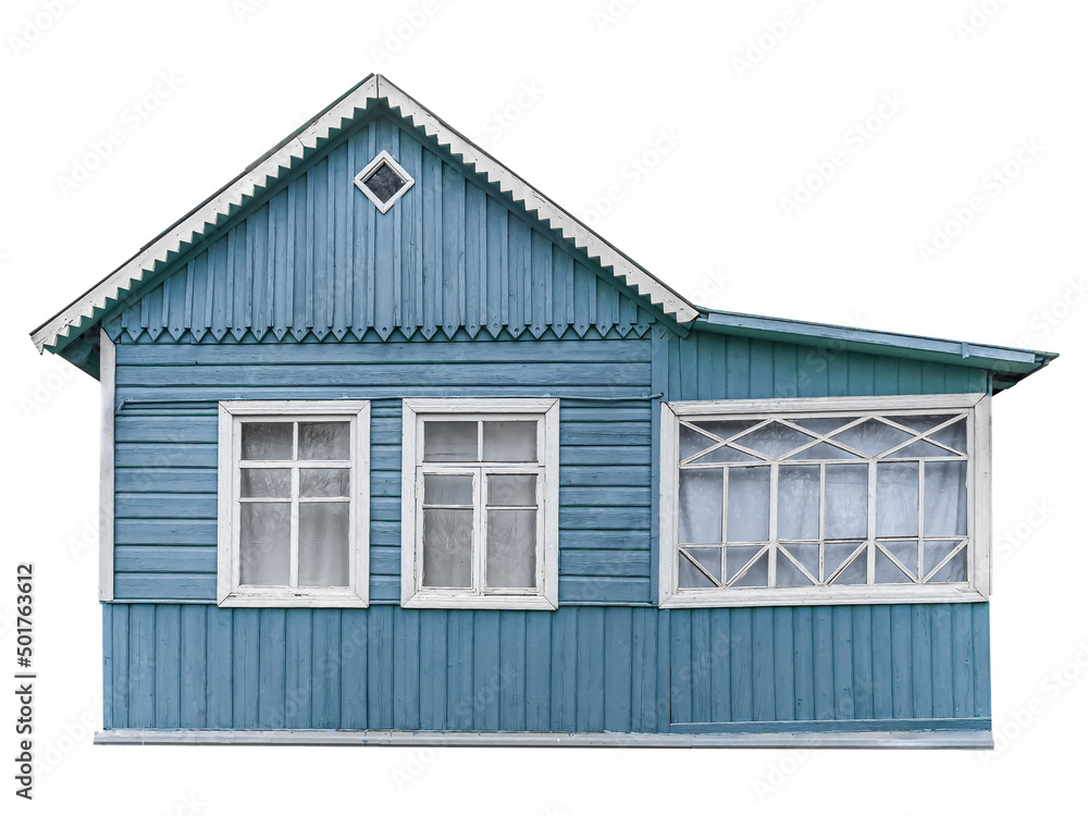 Old small blue wooden village house built of planks isolated on white.