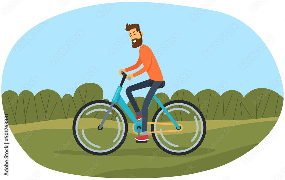 Guy in helmet and sportswear riding in forest. Man rides bicycle on sandy road. Male character doing sports outdoors. Sportsman cycling through trees. Person spends time on background of forest
