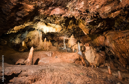 Ancient Stalagmites and Stalactites in Kent Caverns, Torquay, Devon.