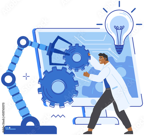 Scientist conducting experiments with mechanical arm. Artificial intelligence for scientific development. Robotic arm near computer screen with settings option. Modern technology for science photo