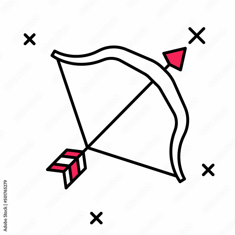 Filled outline Medieval bow and arrow icon isolated on white background. Medieval weapon. Vector Filled outline Medieval bow and arrow icon isolated on white background. Medieval weapon. Vector