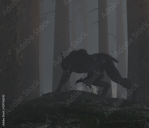 Illustration of a Werewolf or Dogman cryptid on a rock in a foggy forest
