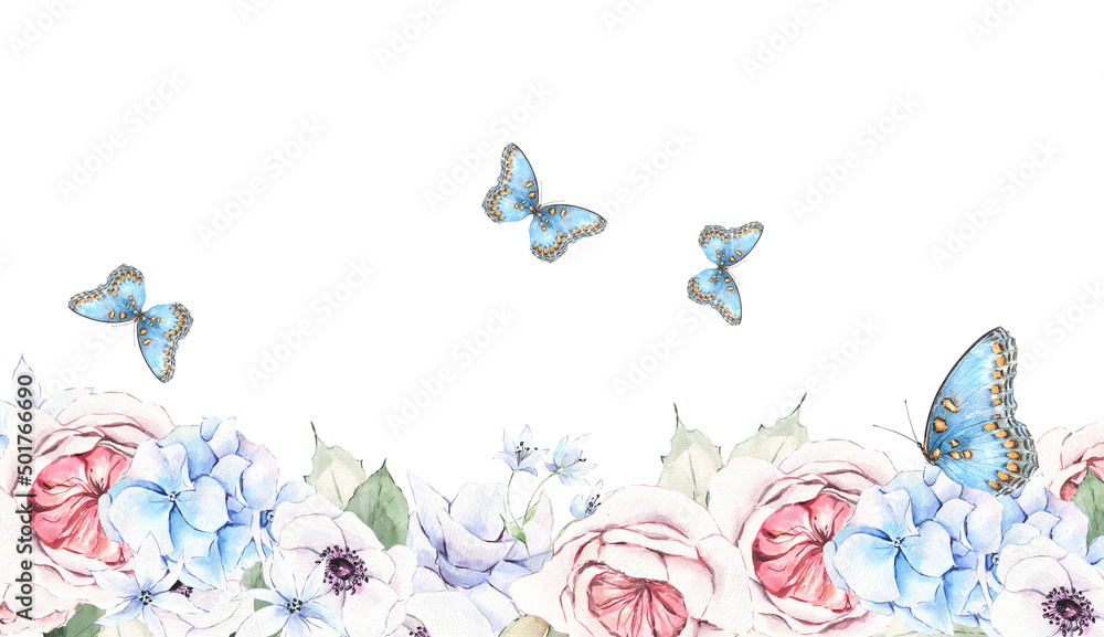 Watercolor floral border with butterflies. Pink, lilac and blue flowers, green leaves and branches isolated on white background. For wedding designs, postcards, greeting cards, invitations