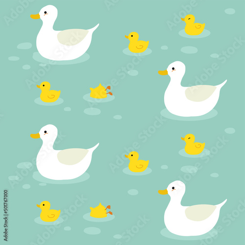 Duck and ducklings seamless pattern on green background.