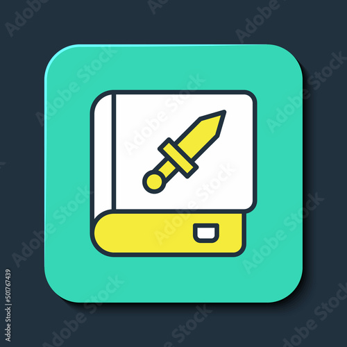 Filled outline Book about weapon icon isolated on blue background. Small firearm. Weapon catalog. Turquoise square button. Vector