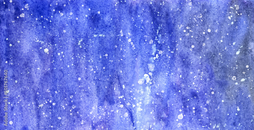 Non-uniform watercolor blue texture with white splashes. Abstract watercolor background. Illustration.