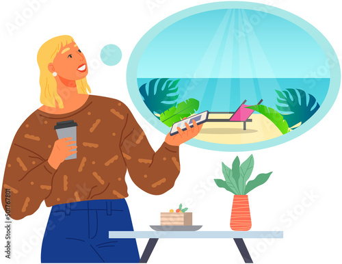 Tourist chooses place to travel on phone screen. Happy cartoon traveler searching for country in mobile application. Summer vacation and recreation concept. Girl looking for resort on travel website