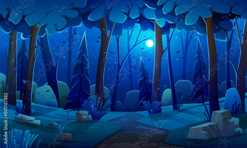 Night forest landscape with plants and trees. Dark wild wood background, mysterious place scenery. Forest edge under moonlight falling through crowns. Landscape of natural area vector illustration