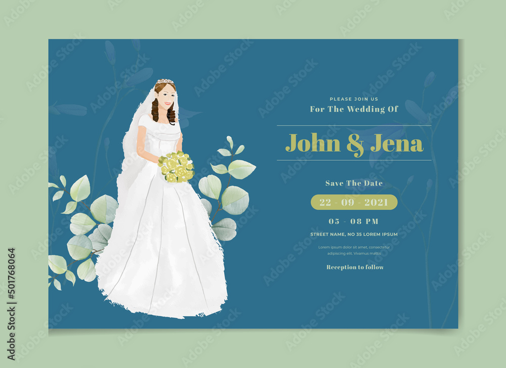 Bride and groom beautiful hand drawn watercolor wedding invitation set template Celebration, event, invitation, wedding dress, groom, romantic, pastel tones, wedding gate. Bridal flower bouquet, 