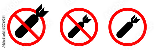 Stop bombing black sign, icon, symbol, logo in red circle isolated on white background. Vector illustration