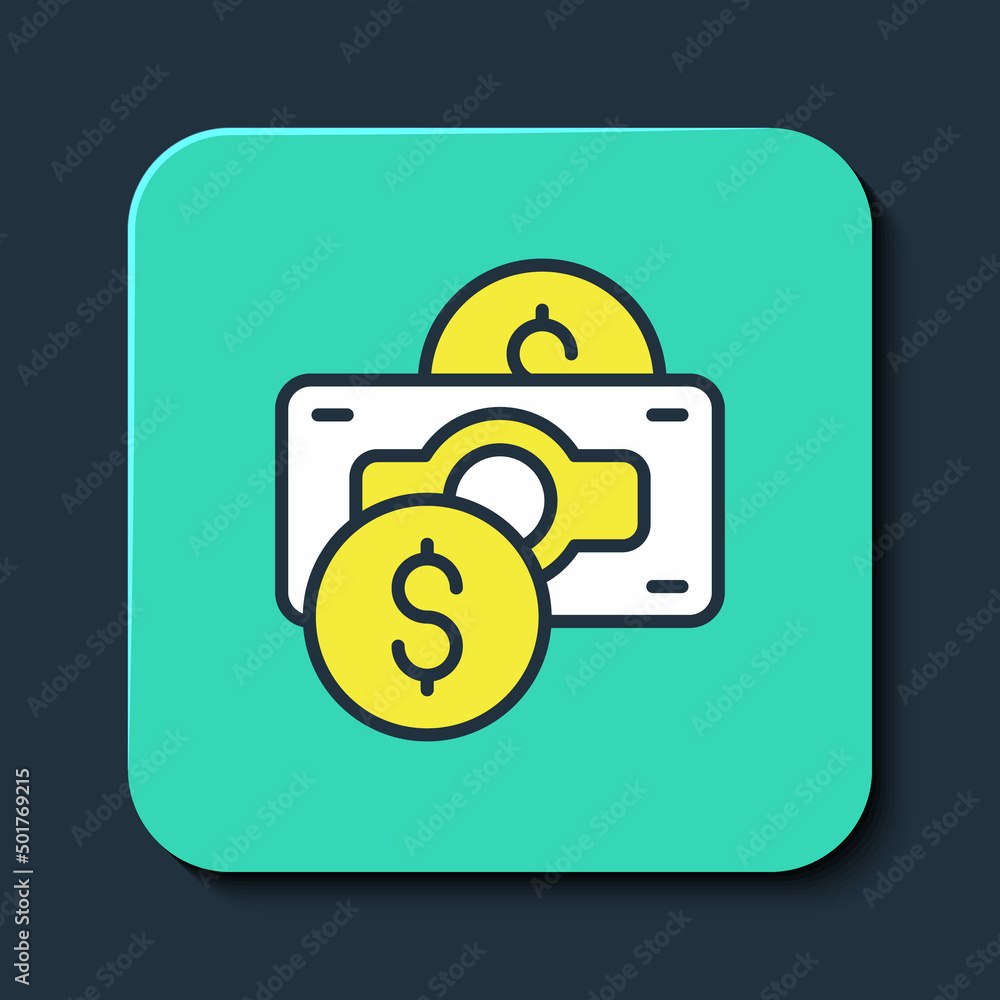 Filled outline Stacks paper money cash icon isolated on blue background. Money banknotes stacks. Bill currency. Turquoise square button. Vector Filled outline Stacks paper money cash icon isolated on blue background. Money banknotes stacks. Bill currency. Turquoise square button. Vector