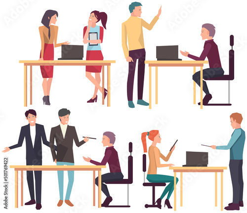 Businesspeople have project strategy planning meeting. Teamwork with business plan, creating new creative project. Meeting to discuss starting business. Colleagues discussing work in entrepreneurship
