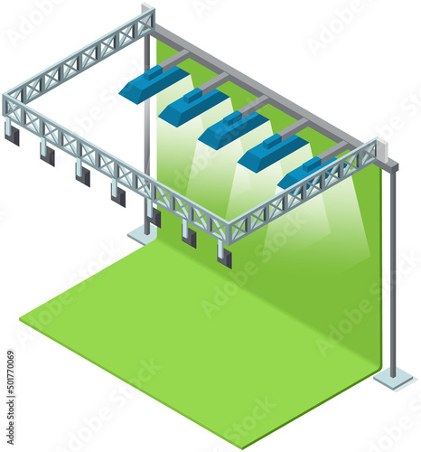 Green screen backdrop in photo or film studio. Chroma key compositing or chromakey post-production processing. Green background and lighting for movie filming. Chromakey with spotlights on set