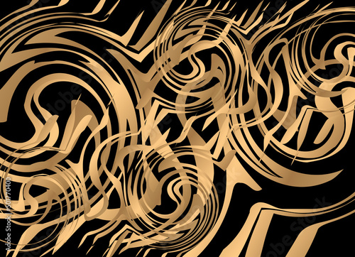 Abstract Calligraphy  Without specific meaning in English. Wave abstract  gold circle pattern. on black background.  Gold Wavy lines pattern.