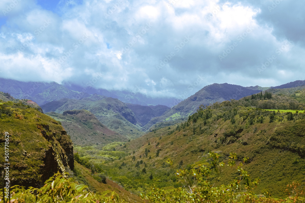 Stormy clouds over the beginnings of Waimea Canyon on the Hawaiian Island of Kauai with green jungle plants and deep mountain canyon Stormy clouds over the beginnings of Waimea Canyon on the Hawaiian Island of Kauai with green jungle plants and deep mountain canyon
