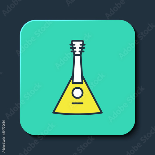 Filled outline Musical instrument balalaika icon isolated on blue background. Turquoise square button. Vector