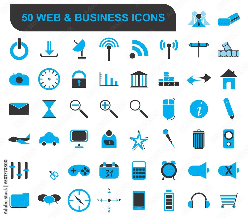 50 web icons and symbols set including businessman credit card download wifi  direction arrow film camera clock lock chart home email zoom information  calendar transport mic game and more Stock Vector