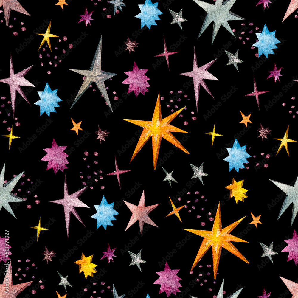 Fototapeta premium Space theme. Seamless watercolor pattern. Hand-drawn stars of different sizes in space on a black background. Design for wrapping paper, fabric printing and more