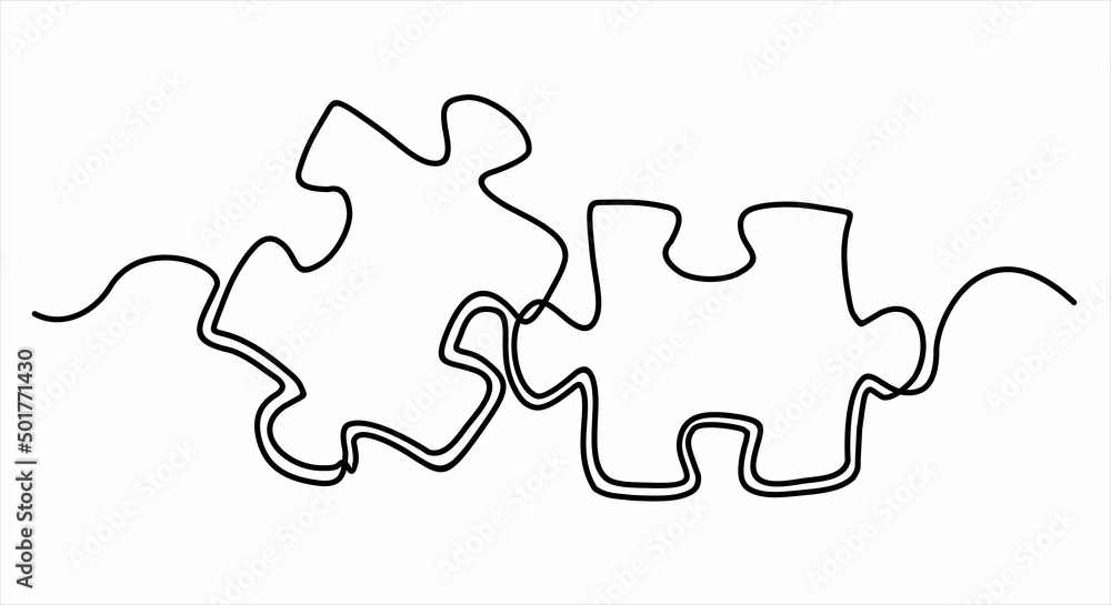 Continuous one line drawing of a two piece jigsaw on a white background. Puzzle game symbol and iconic business metaphor for problem solving, solution and strategy. Continuous one line drawing of a two piece jigsaw on a white background. Puzzle game symbol and iconic business metaphor for problem solving, solution and strategy.