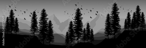 silhouette of forest with mountain landscape view flat design vector illustration good for background, wallpaper, background template, and backdrop design
