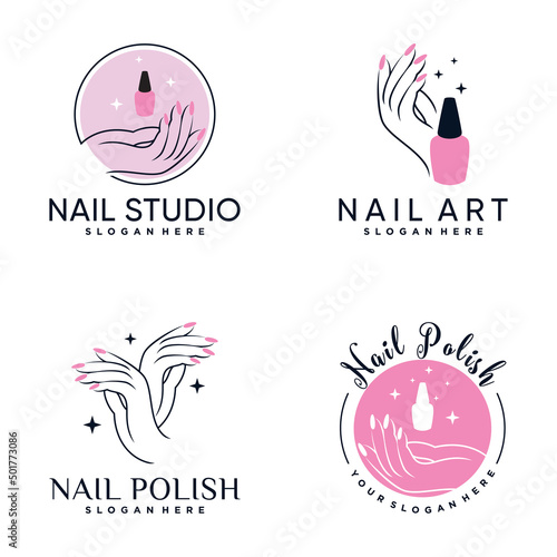Set of collection nail polish or nail art icon logo design with creative element Premium Vector