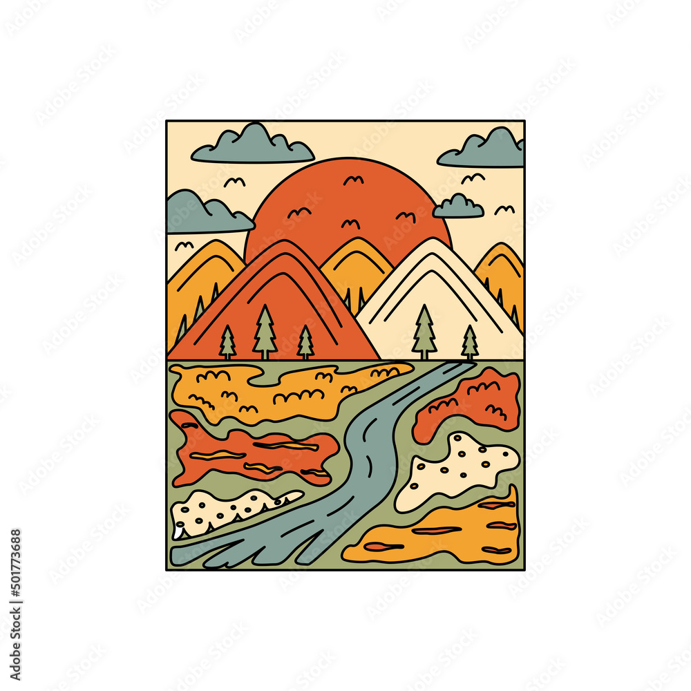 Badge with mountains, road and moon in doodle style. The concept of camping, travel. Hand-drawn image in doodle style.