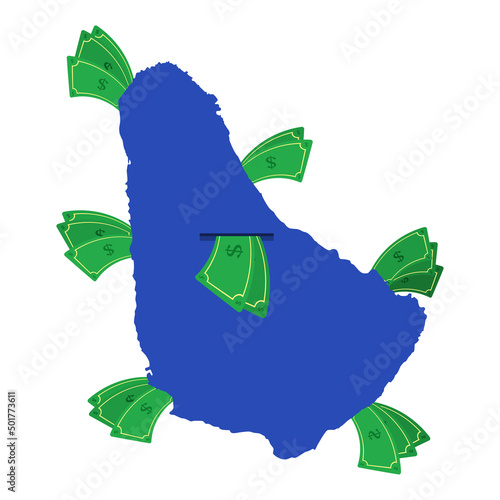 Barbados map in blue with money bills around. Money leaving the center of the country. Economy of barbadian country. White background. Isolated.