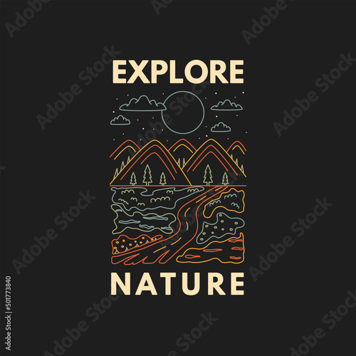 Explore nature. Badge with mountains, road and moon in doodle style. The concept of camping, travel. Hand-drawn image in doodle style.