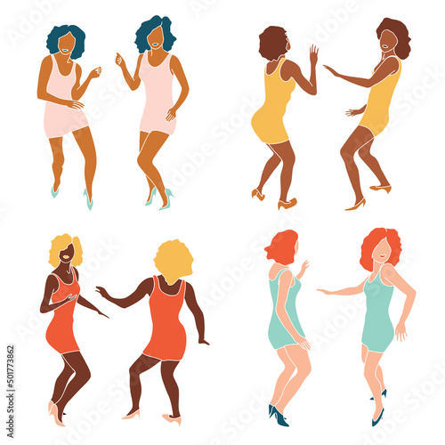 Abstract color disco curly girls set, dancing faceless slim couple twins ladies silhouettes for flyers, card, posters design vector illustration