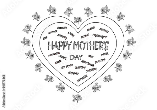 Feliz día de la madre, trazado corazón y rosas rojas acompañado de cualidades de las madres