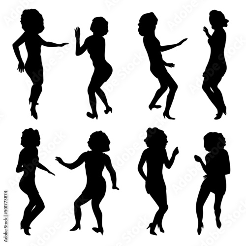 Women in skinny dress dancing black silhouettes. Set of moving disco curly girl shapes. Party abstract poses. Vector illustration for flyer, poster, card, holiday concept.