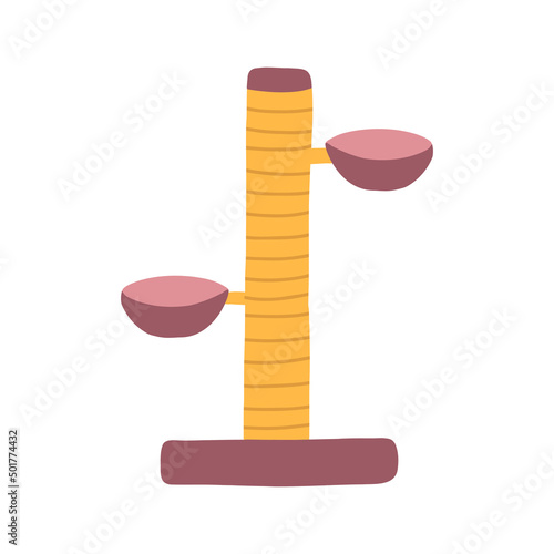 Cat scratching post with beds in cartoon flat style. Cat tree with a toy ball, furniture for kittens. Kitten accessories, pet claw sharpener isolated on white background