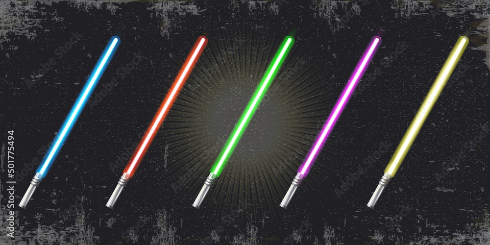 Blue, red, green, pink and yellow laser sword lightsaber set isolated on  grunge black background. May the 4th be with vector illustration with neon  glowing lighting sword. Star wars day poster Stock